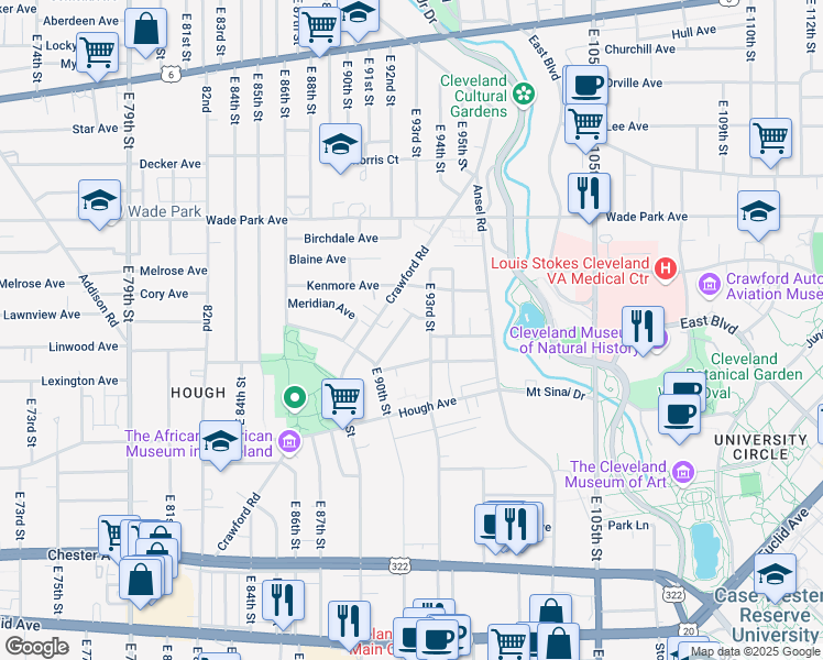map of restaurants, bars, coffee shops, grocery stores, and more near 1607 Holyrood Road in Cleveland