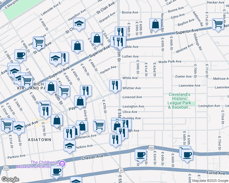map of restaurants, bars, coffee shops, grocery stores, and more near 101 Payne Avenue in Cleveland