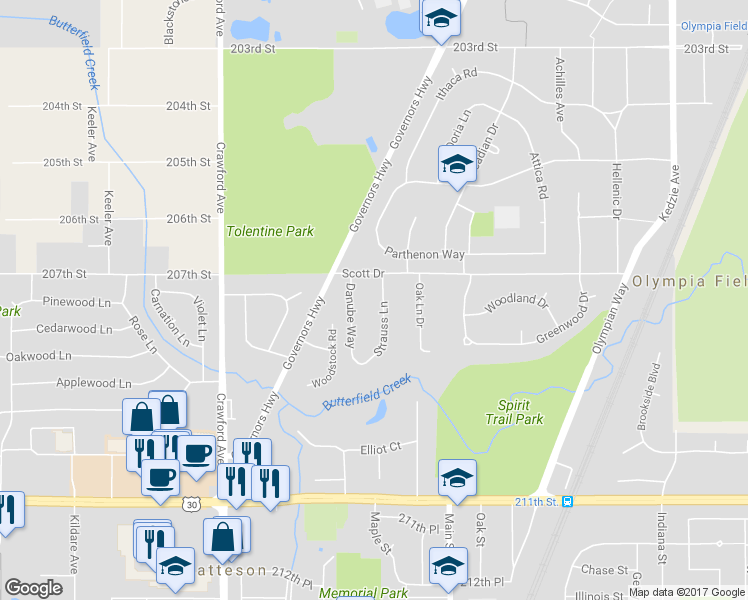 map of restaurants, bars, coffee shops, grocery stores, and more near 10 Strauss Lane in Olympia Fields