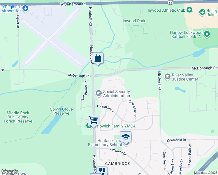 map of restaurants, bars, coffee shops, grocery stores, and more near 3515 Silver Leaf Drive in Joliet