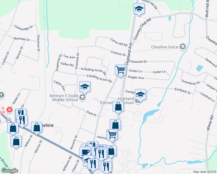 map of restaurants, bars, coffee shops, grocery stores, and more near 501 Maple Avenue in Cheshire