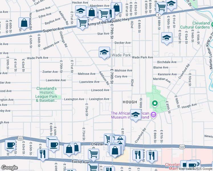 map of restaurants, bars, coffee shops, grocery stores, and more near 1580 Addison Road in Cleveland