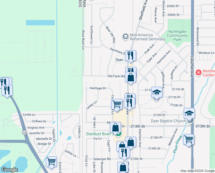 map of restaurants, bars, coffee shops, grocery stores, and more near 133 Heritage Drive in Dyer