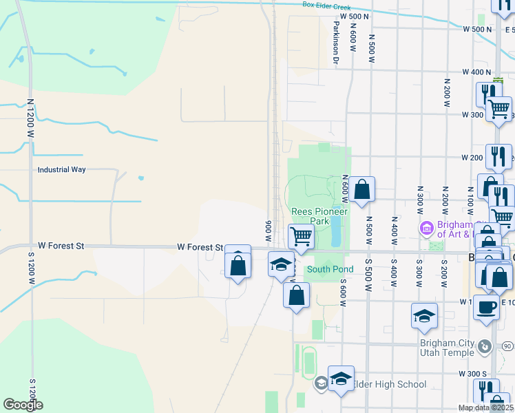 map of restaurants, bars, coffee shops, grocery stores, and more near West 100 North Street in Brigham City