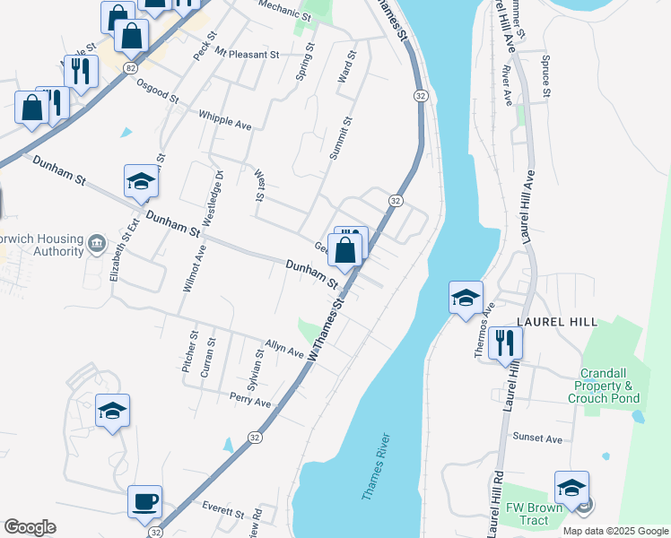 map of restaurants, bars, coffee shops, grocery stores, and more near 17 Dunham Street in Norwich