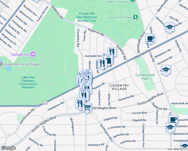 map of restaurants, bars, coffee shops, grocery stores, and more near 1722 Glenmont Road in Cleveland Heights