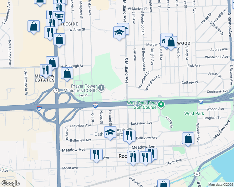 map of restaurants, bars, coffee shops, grocery stores, and more near 1467 Midland Court in Joliet
