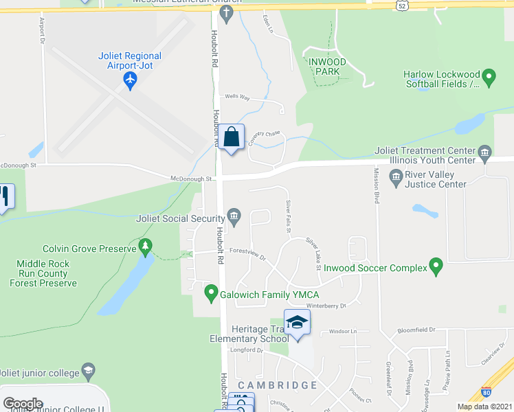 map of restaurants, bars, coffee shops, grocery stores, and more near 3515 Silver Leaf Drive in Joliet