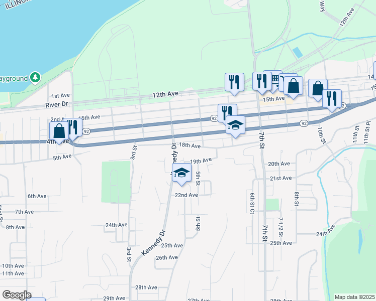 map of restaurants, bars, coffee shops, grocery stores, and more near 400 19th Avenue in East Moline