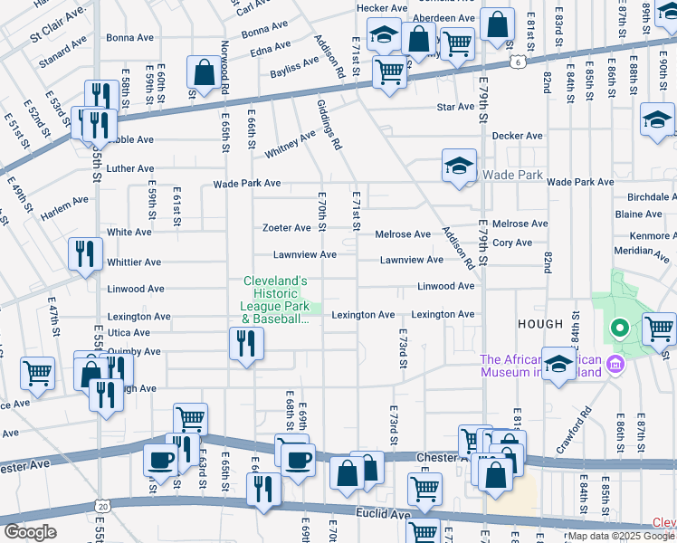 map of restaurants, bars, coffee shops, grocery stores, and more near 7017 Linwood Avenue in Cleveland