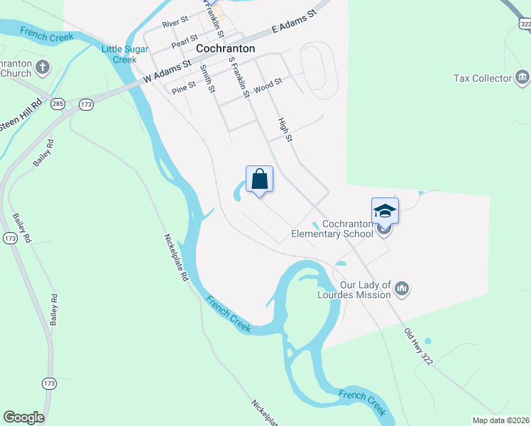 map of restaurants, bars, coffee shops, grocery stores, and more near 184 South Smith Street in Cochranton