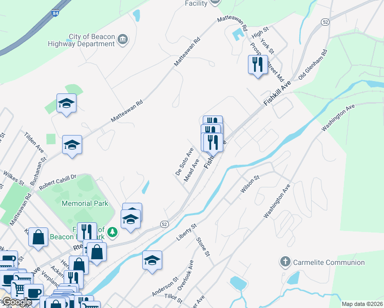 map of restaurants, bars, coffee shops, grocery stores, and more near 40 De Soto Avenue in Beacon