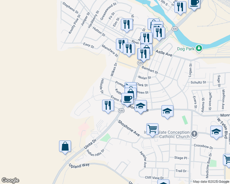 map of restaurants, bars, coffee shops, grocery stores, and more near 155 Keith Dr in Green River