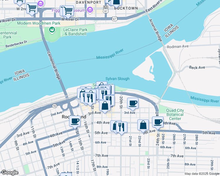 map of restaurants, bars, coffee shops, grocery stores, and more near 1801 1st Avenue in Rock Island