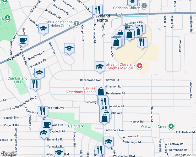 map of restaurants, bars, coffee shops, grocery stores, and more near 3439 Beechwood Avenue in Cleveland Heights