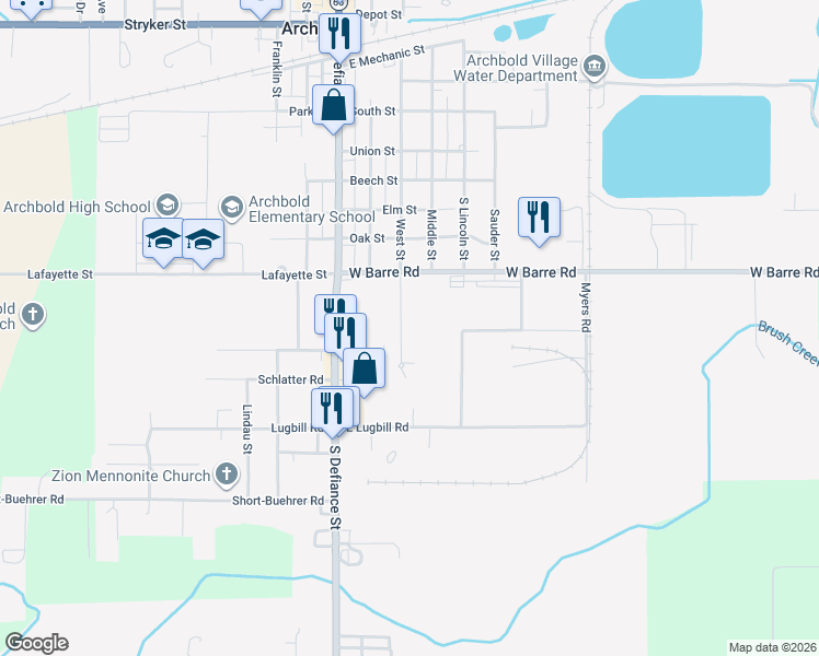 map of restaurants, bars, coffee shops, grocery stores, and more near 808 West Street in Archbold