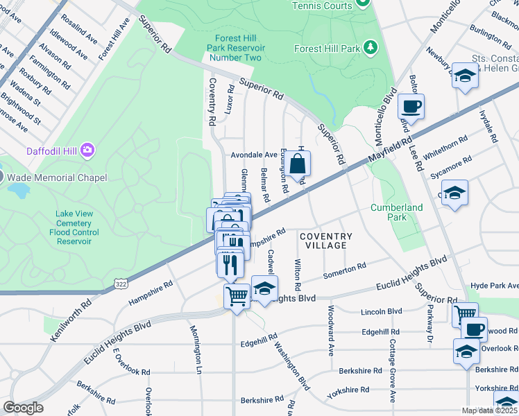 map of restaurants, bars, coffee shops, grocery stores, and more near 2845 Mayfield Road in Cleveland Heights