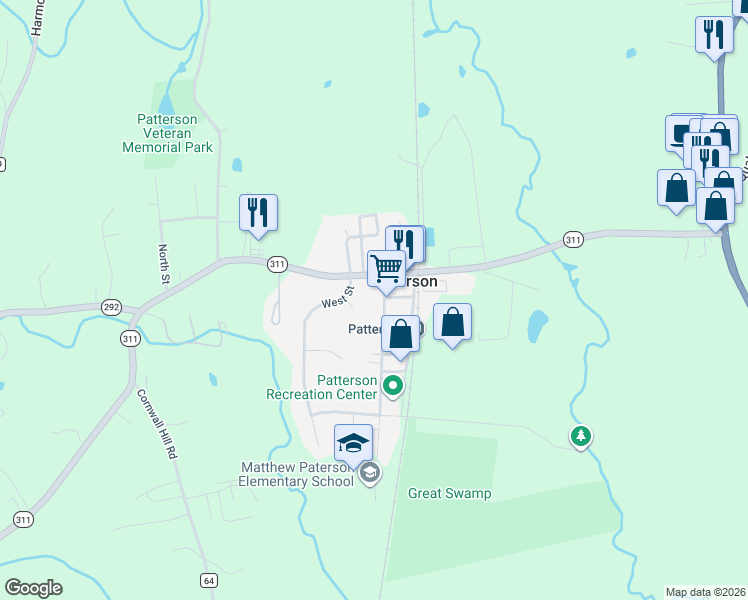 map of restaurants, bars, coffee shops, grocery stores, and more near 104 West Street in Patterson