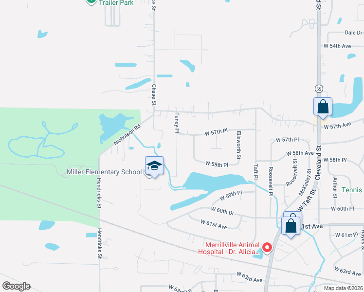 map of restaurants, bars, coffee shops, grocery stores, and more near 5770-5780 Marshall Place in Merrillville