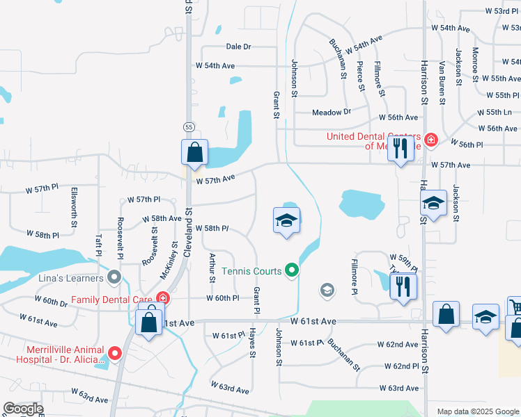 map of restaurants, bars, coffee shops, grocery stores, and more near 5801 Grant Place in Merrillville