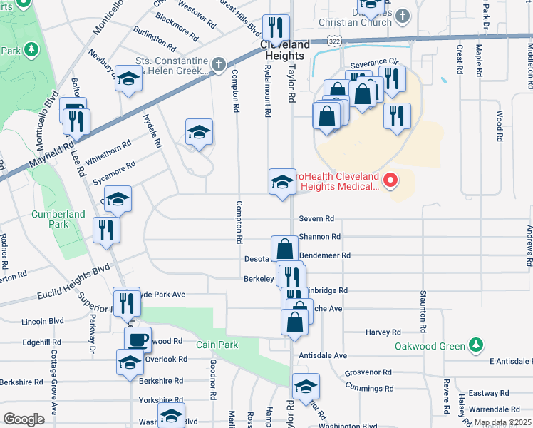 map of restaurants, bars, coffee shops, grocery stores, and more near 3423 Beechwood Avenue in Cleveland Heights