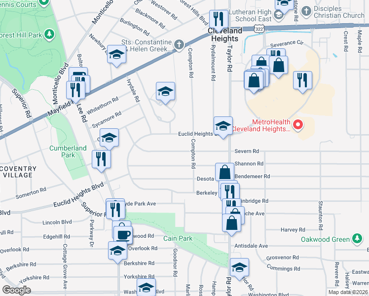 map of restaurants, bars, coffee shops, grocery stores, and more near 3355 Beechwood Avenue in Cleveland Heights