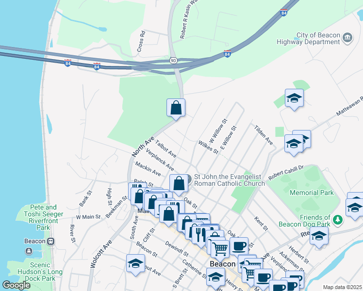 map of restaurants, bars, coffee shops, grocery stores, and more near 42 Dutchess Terrace in Beacon