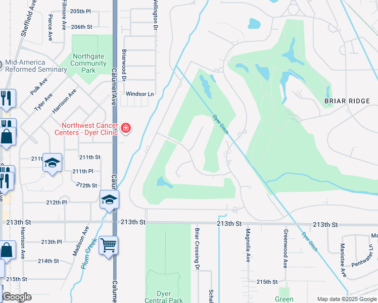 map of restaurants, bars, coffee shops, grocery stores, and more near 1073 Tryall Lane in Dyer