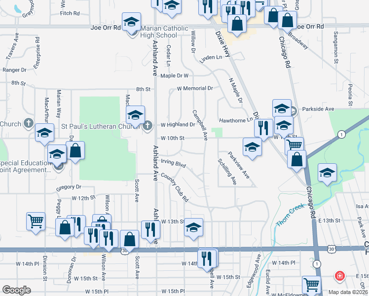 map of restaurants, bars, coffee shops, grocery stores, and more near 260 Chestnut Avenue in South Chicago Heights