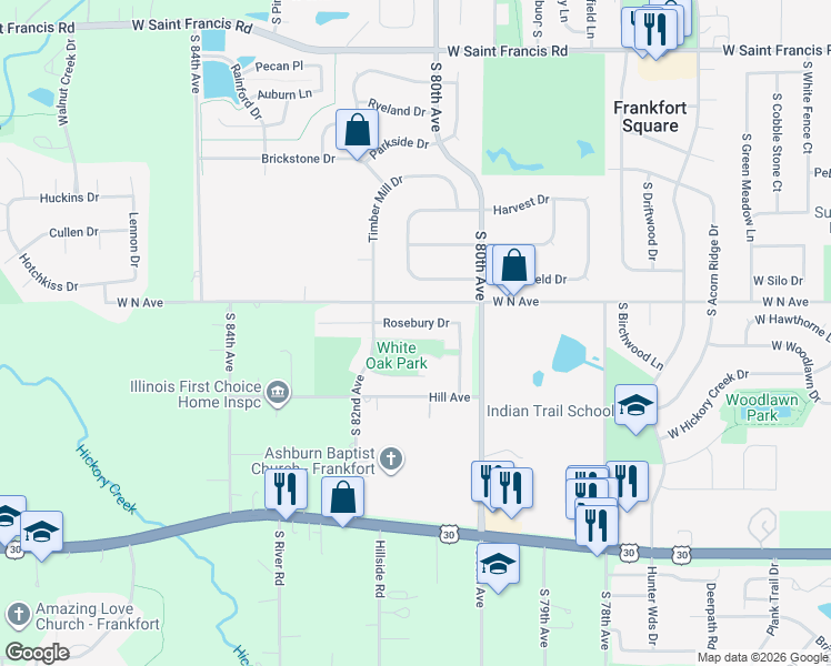 map of restaurants, bars, coffee shops, grocery stores, and more near 8107 West Rosebury Drive in Frankfort