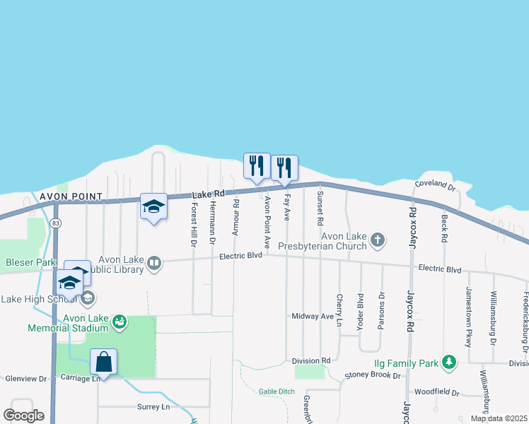 map of restaurants, bars, coffee shops, grocery stores, and more near 118 Avon Point Avenue in Avon Lake