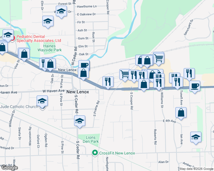 map of restaurants, bars, coffee shops, grocery stores, and more near 273 East Haven Avenue in New Lenox