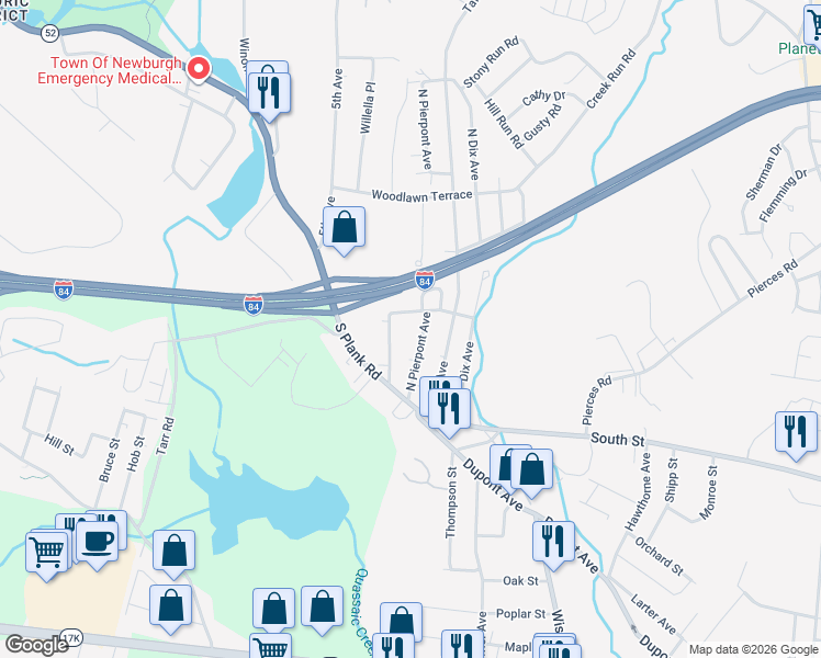 map of restaurants, bars, coffee shops, grocery stores, and more near 25 North Pierpont Avenue in Newburgh