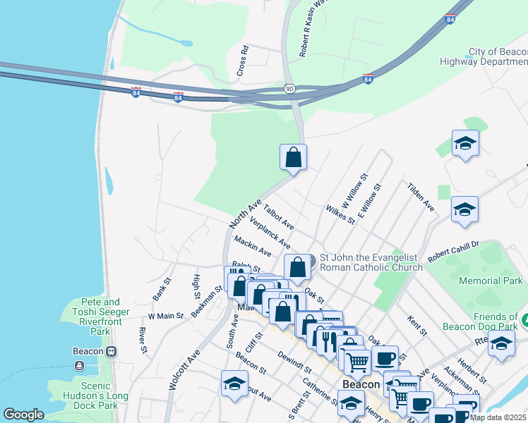 map of restaurants, bars, coffee shops, grocery stores, and more near 12 Talbot Avenue in Beacon