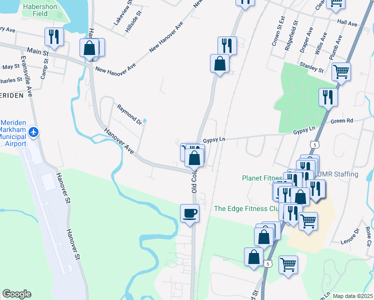 map of restaurants, bars, coffee shops, grocery stores, and more near 1023 Old Colony Road in Meriden