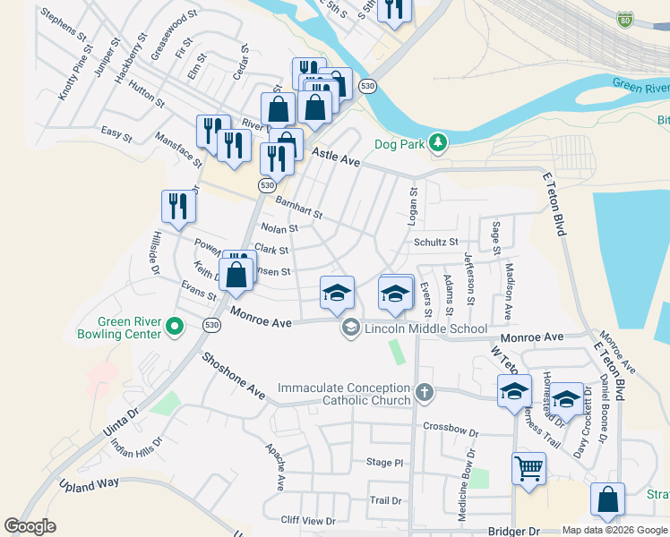map of restaurants, bars, coffee shops, grocery stores, and more near 606 Bramwell Street in Green River