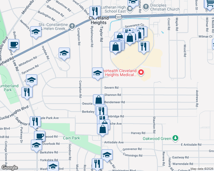 map of restaurants, bars, coffee shops, grocery stores, and more near 3486 Severn Road in Cleveland Heights