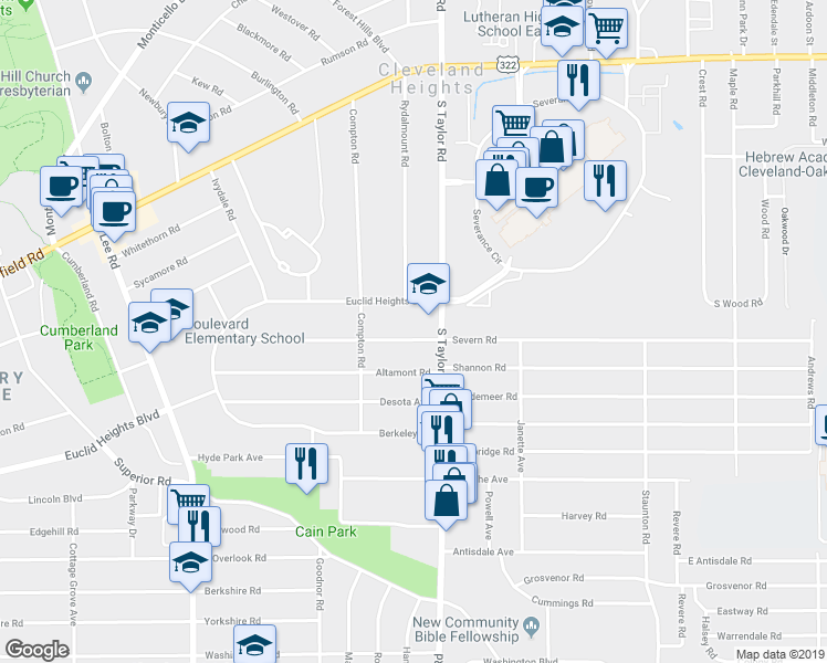 map of restaurants, bars, coffee shops, grocery stores, and more near 3439 Beechwood Avenue in Cleveland Heights