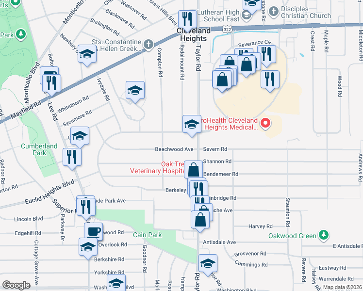 map of restaurants, bars, coffee shops, grocery stores, and more near 3405 Beechwood Avenue in Cleveland Heights