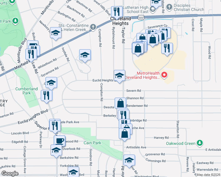 map of restaurants, bars, coffee shops, grocery stores, and more near 3405 Beechwood Avenue in Cleveland Heights