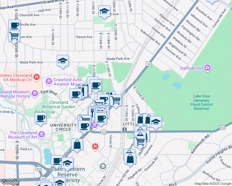 map of restaurants, bars, coffee shops, grocery stores, and more near in Cleveland