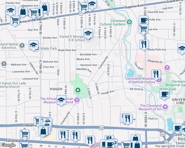 map of restaurants, bars, coffee shops, grocery stores, and more near 1615 Crawford Road in Cleveland