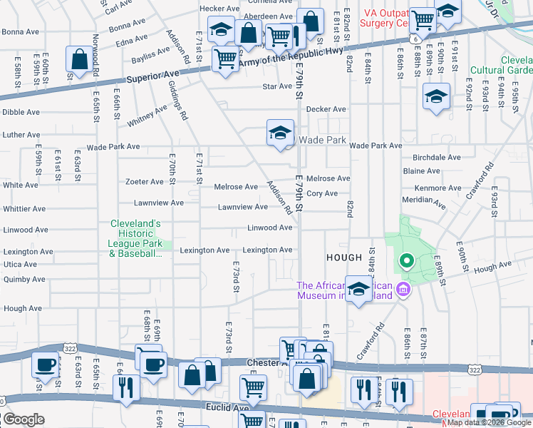map of restaurants, bars, coffee shops, grocery stores, and more near 7519 Linwood Avenue in Cleveland