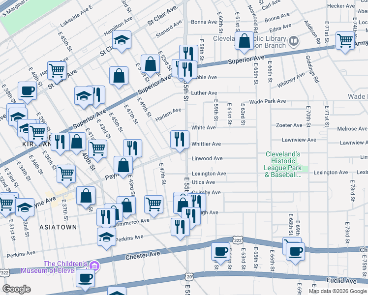 map of restaurants, bars, coffee shops, grocery stores, and more near 101 Payne Avenue in Cleveland