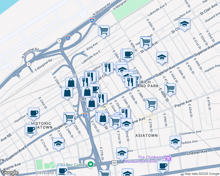 map of restaurants, bars, coffee shops, grocery stores, and more near 1410 East 33rd Street in Cleveland