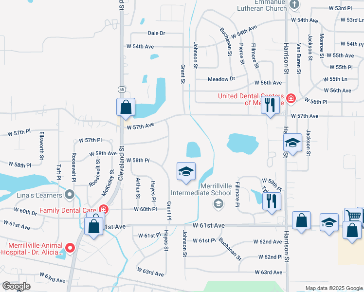 map of restaurants, bars, coffee shops, grocery stores, and more near 5801 Grant Pl in Merrillville