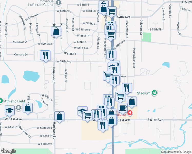 map of restaurants, bars, coffee shops, grocery stores, and more near 5814 Adams Street in Merrillville
