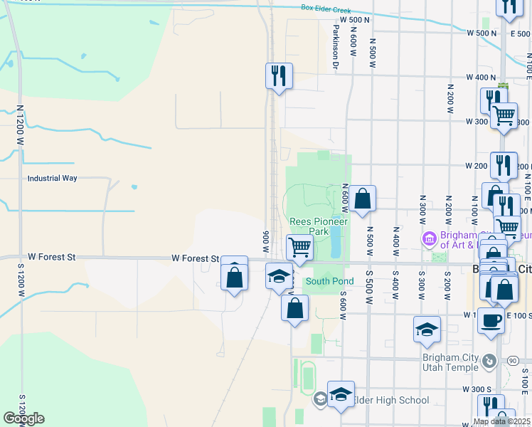 map of restaurants, bars, coffee shops, grocery stores, and more near West 100 North Street in Brigham City