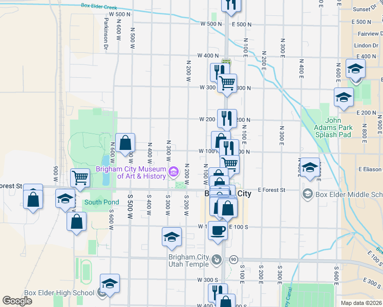 map of restaurants, bars, coffee shops, grocery stores, and more near 135 West 100 North in Brigham City