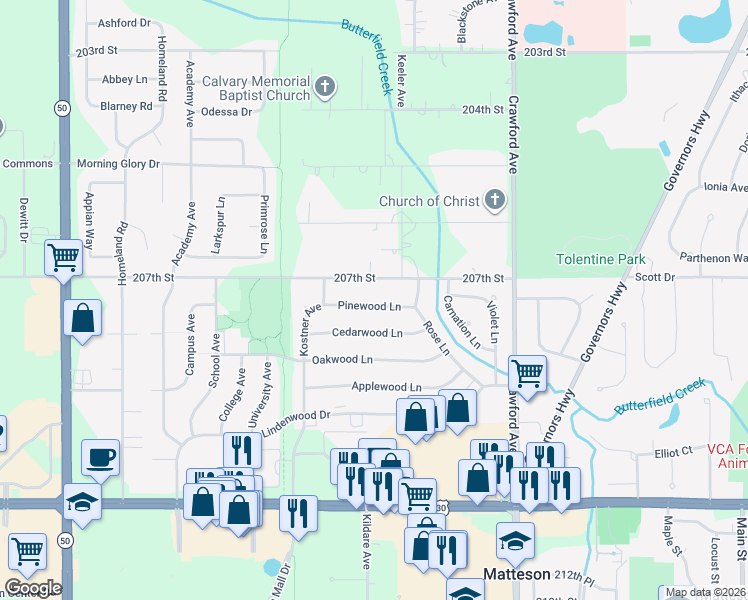 map of restaurants, bars, coffee shops, grocery stores, and more near 4228 Pinewood Lane in Matteson